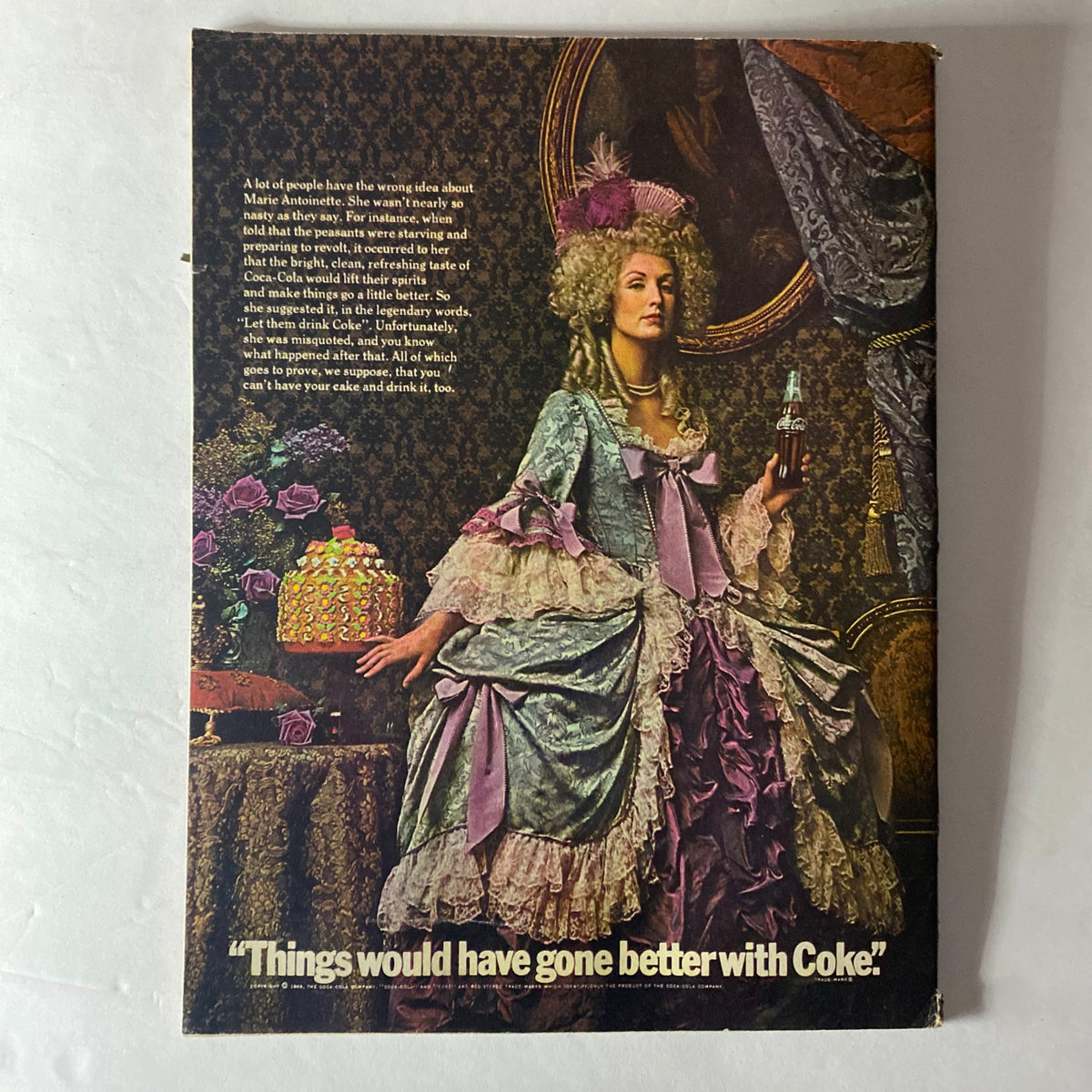 Back cover of the American Girl Magazine September 1969 featuring a vintage advertisement with a historical figure, promoting Coca-Cola, illustrating a unique blend of history and marketing.