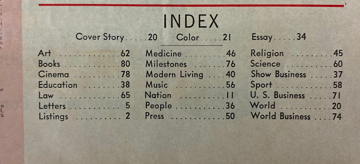 Index page from Time Magazine July 1, 1966 Vol 88 No. 1 featuring the cover story, cultural assessments, and various sections like art and medicine.