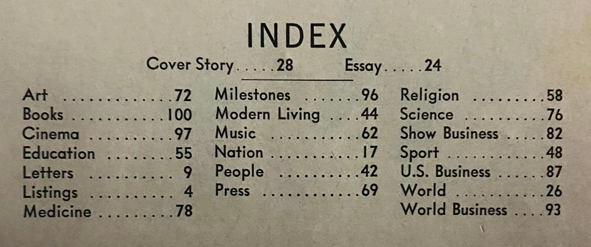 Index page from Time Magazine May 27, 1966, detailing featured articles on art, science, cinema, and more, reflecting the cultural landscape of the 1960s.