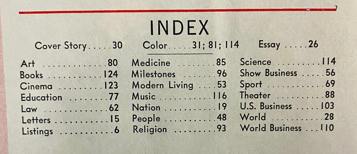 Index page of Time Magazine from September 30, 1966, outlining articles and topics including art, cinema, and politics.