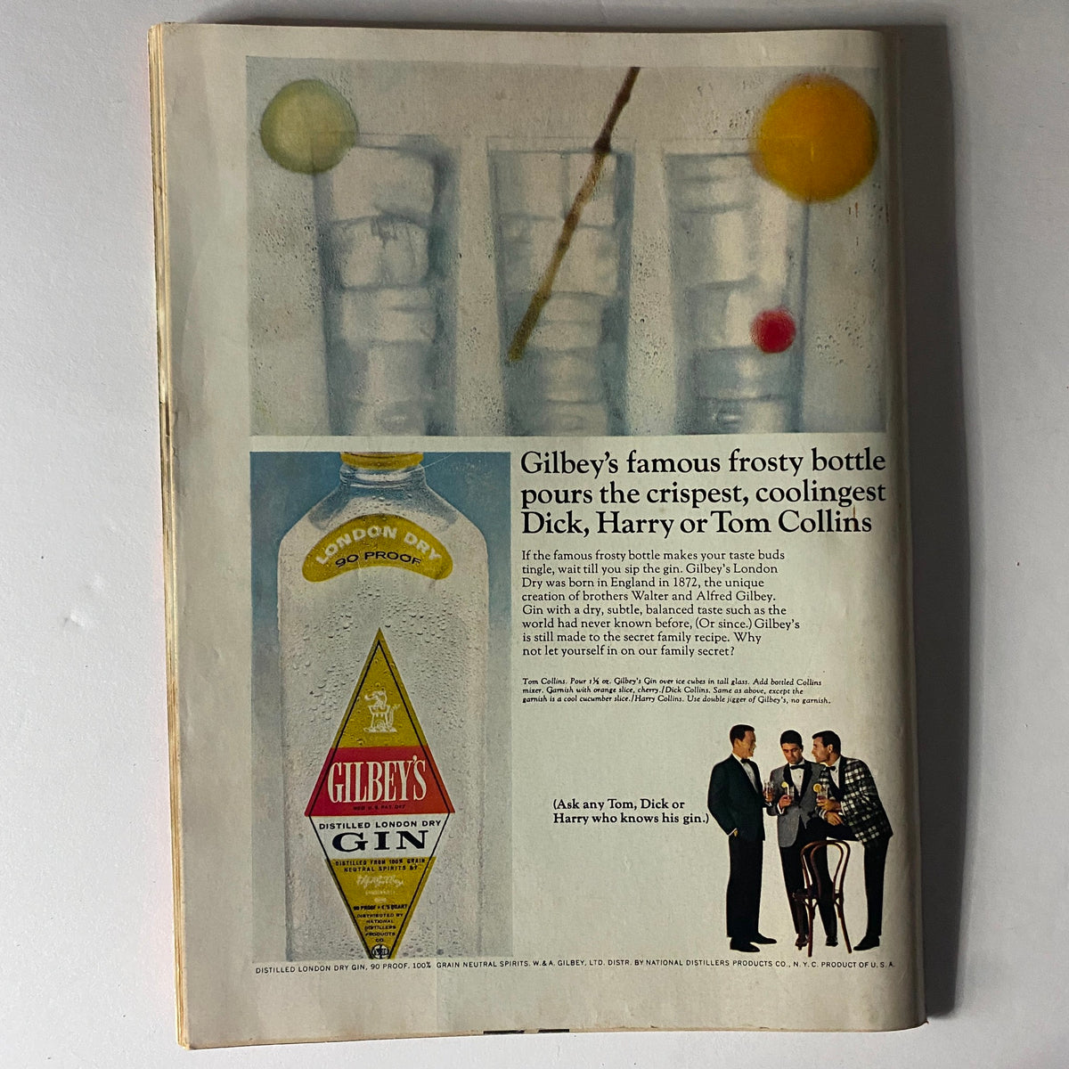 Advertisement for Gilbey's London Dry Gin from Time Magazine September 9, 1966, Vol 88 No. 11 showcasing a frosty gin bottle and glasses, promoting the crisp taste and versatility of gin cocktails.