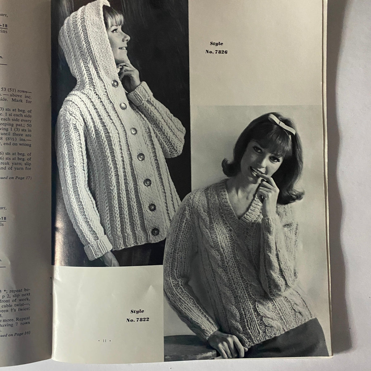 Page from '1963 Cable Knits for Men & Women' featuring two stylish knit designs, including a button-up hoodie and a cabled sweater, ideal for vintage knit enthusiasts.