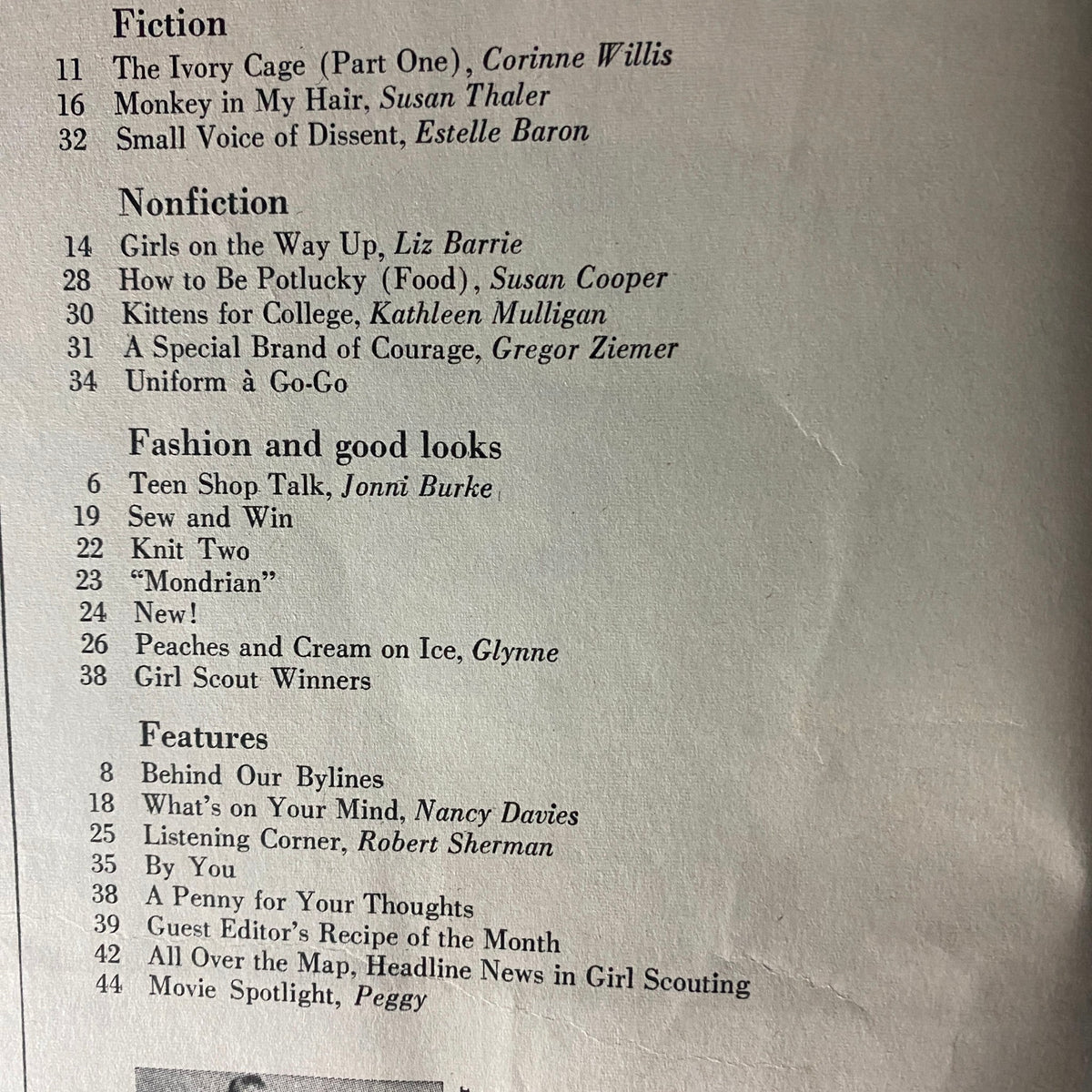Table of contents from American Girl Magazine January 1966, listing featured articles including 'The Ivory Cage Part One', 'Girls on the Way Up', and various fashion sections.