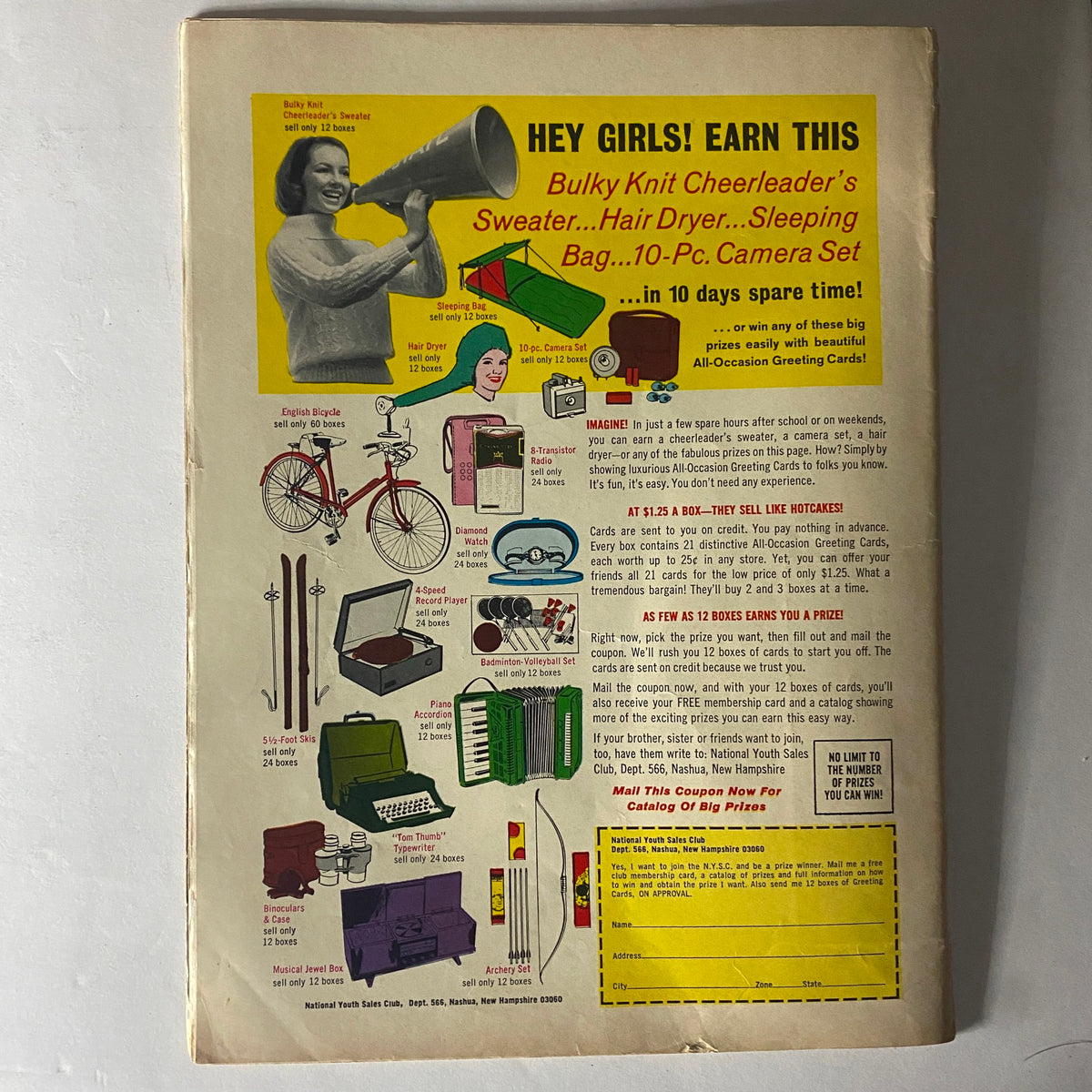 Back cover of American Girl Magazine January 1966 promoting a prize-earning opportunity for girls, featuring various items including a bicycle and hair dryer.
