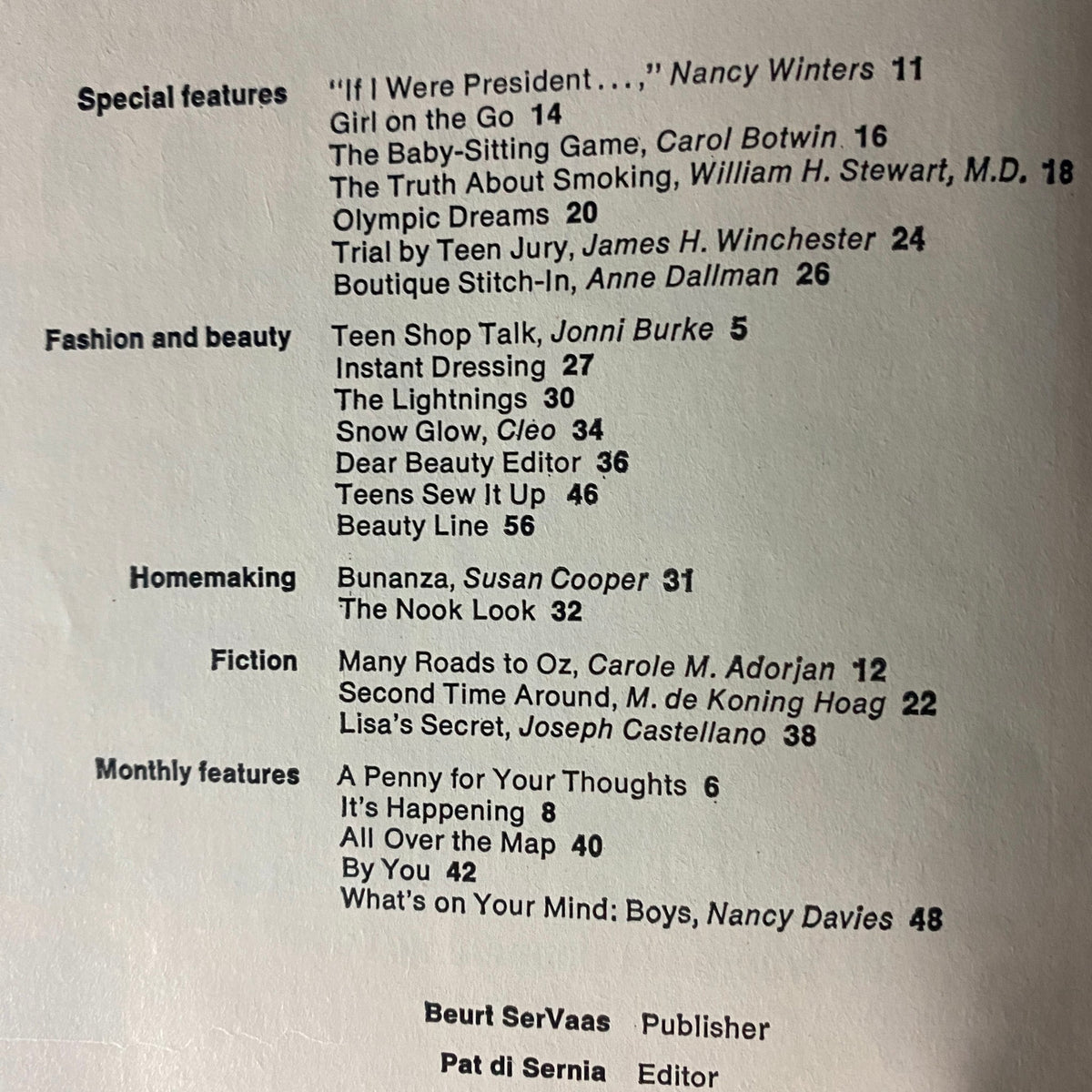 Contents page of American Girl Magazine January 1968, listing articles including "If I Were President..." and features on fashion and beauty.
