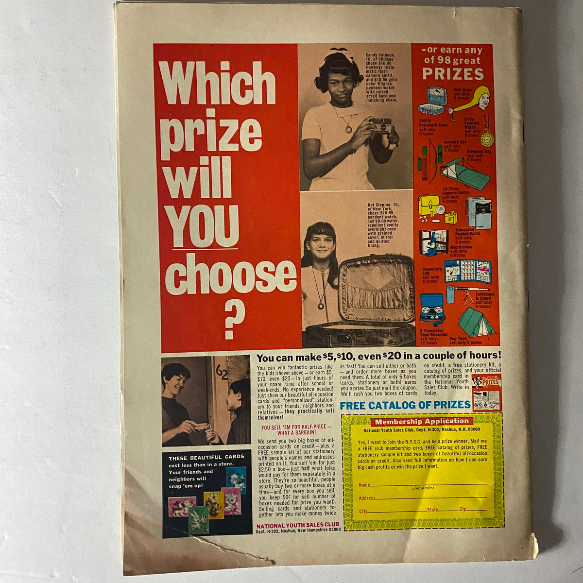 American Girl Magazine January 1968 ad featuring the question 'Which prize will YOU choose?' with images of girls holding items and a list of prizes available from the National Youth Sales Club.