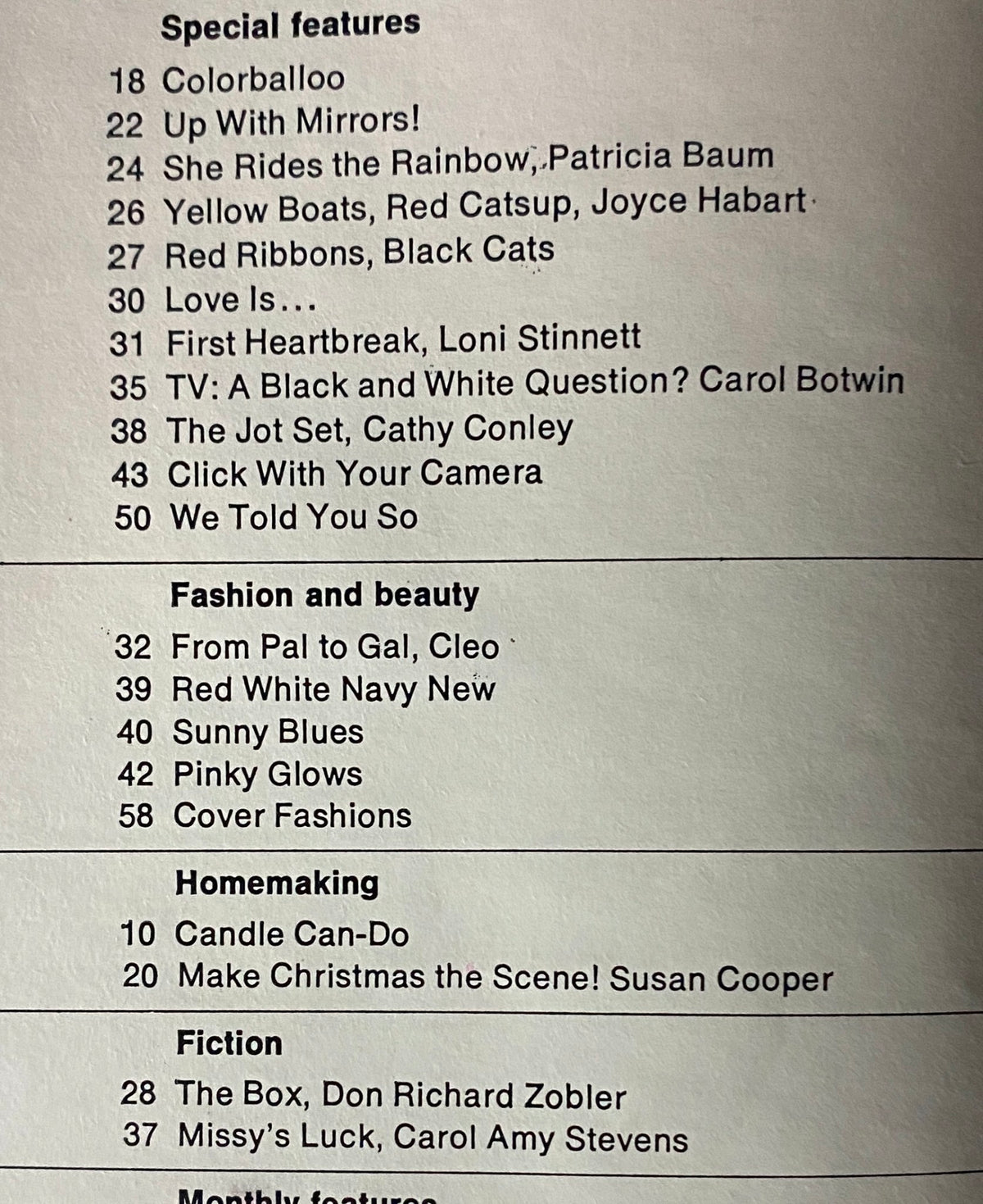 Table of contents from American Girl Magazine December 1968, showcasing articles including 'First Heartbreak' by Loni Stinnett and various special features.