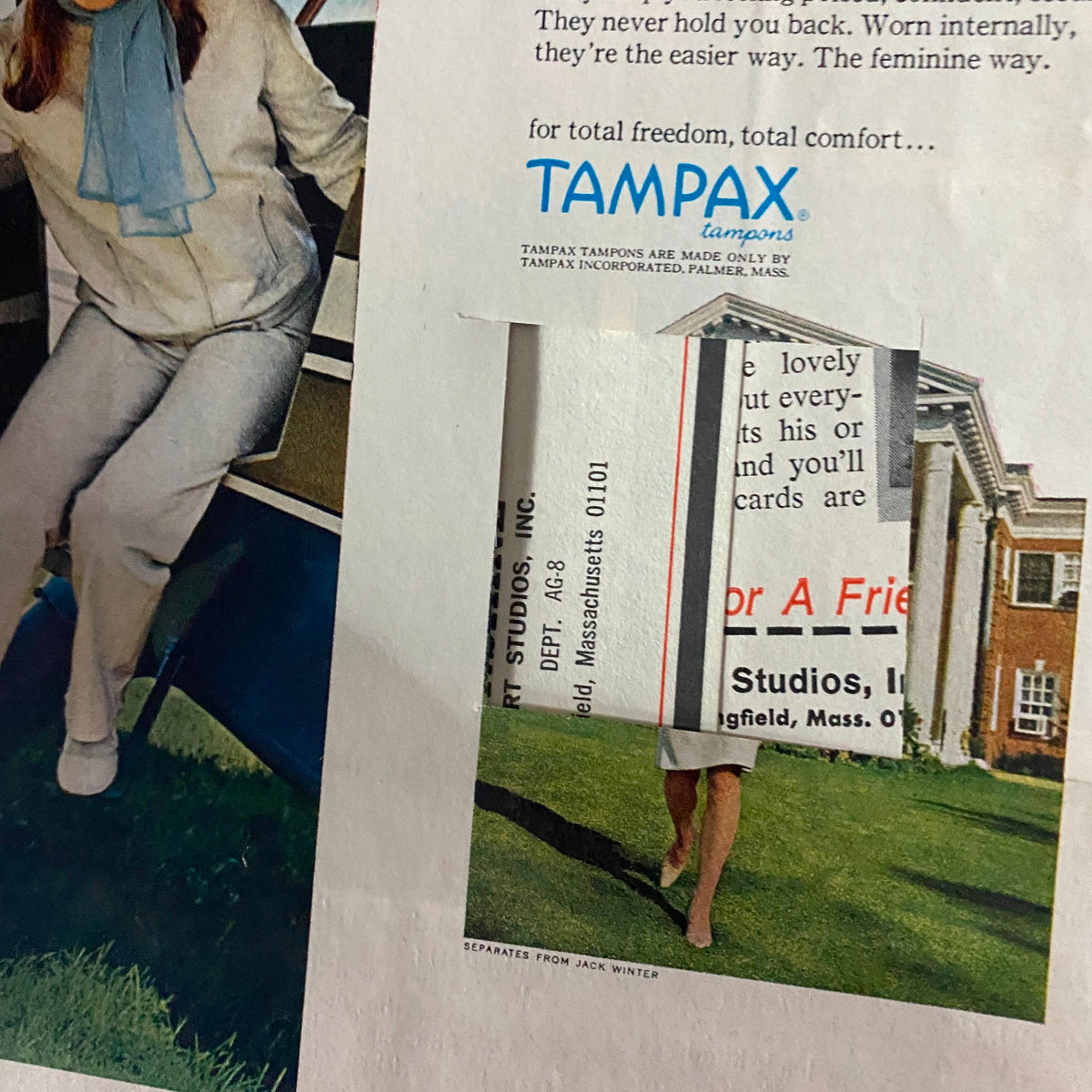 Interior spread from American Girl Magazine, August 1967, featuring a vintage Tampax advertisement alongside a model wearing stylish 1960s attire.