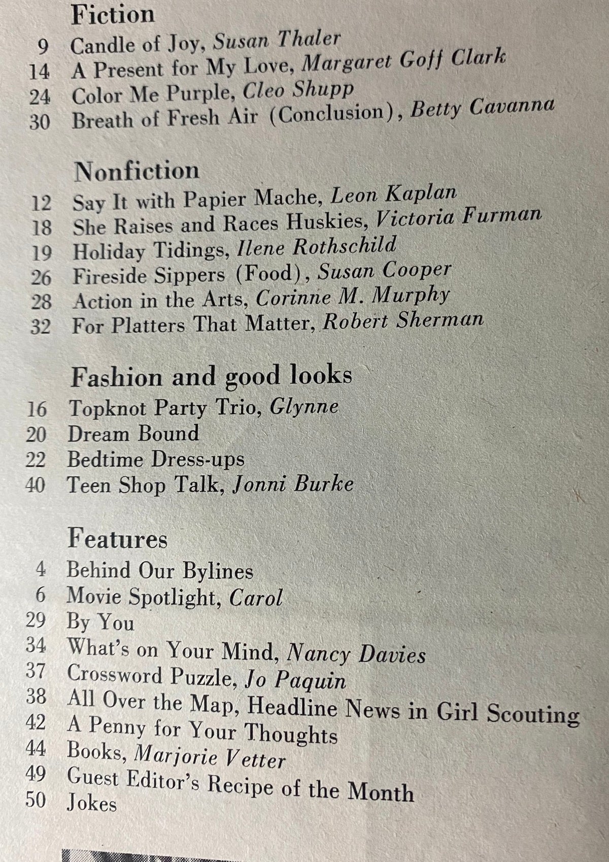 Table of contents from American Girl Magazine December 1966, listing stories including 'She Raises and Races Huskies' by Victoria Furman and various themes of fiction and nonfiction.