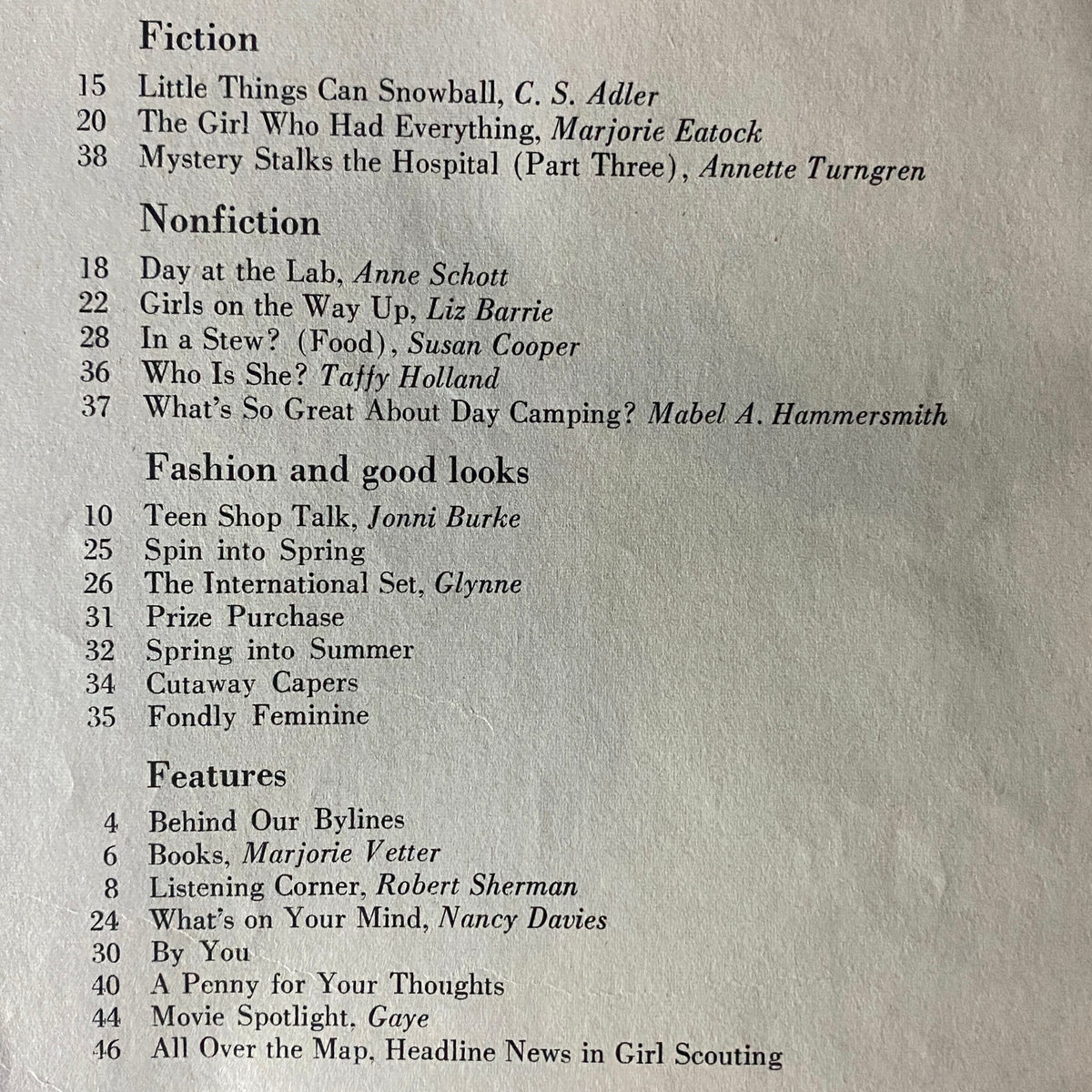 Table of contents from American Girl Magazine, March 1965, detailing fiction and nonfiction features, including titles like 'Girls on the Way Up' and 'Spin into Spring'.
