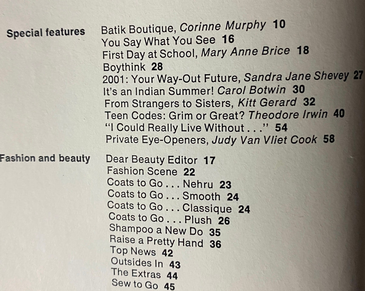Table of contents from American Girl Magazine, September 1968, listing engaging features such as "Teen Codes: Grim or Great?" and various fashion articles reflecting the interests of American teens during this transformative decade.