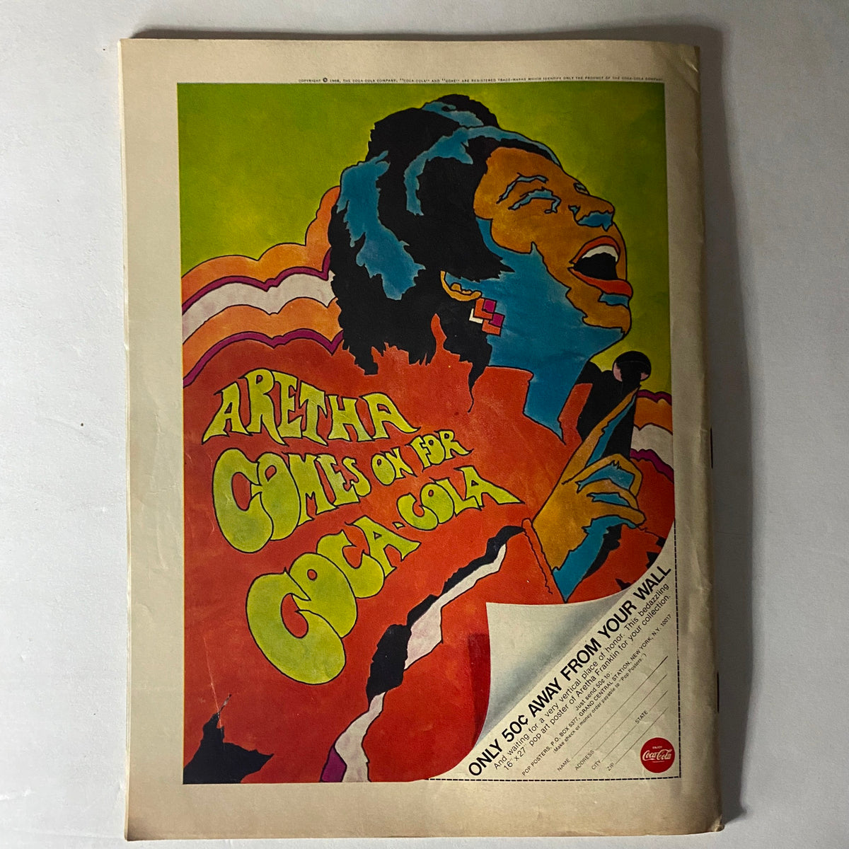 American Girl Magazine September 1968 cover featuring an advertisement for Coca-Cola featuring an artistic illustration of Aretha Franklin. The vibrant colors and bold design reflect the cultural trends of the late 1960s.