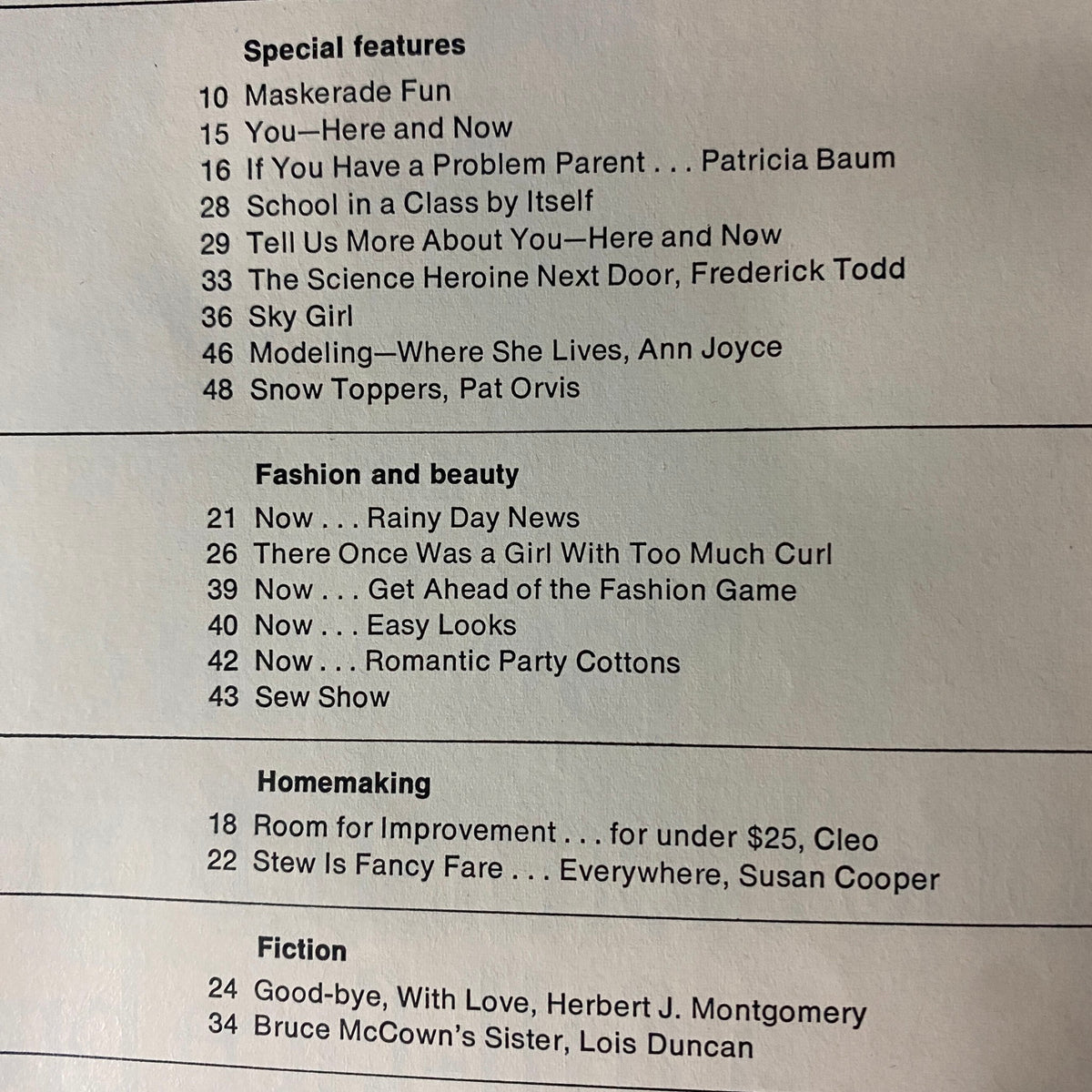 Table of contents from American Girl Magazine January 1969, featuring sections on special features, fashion, and beauty for young readers.