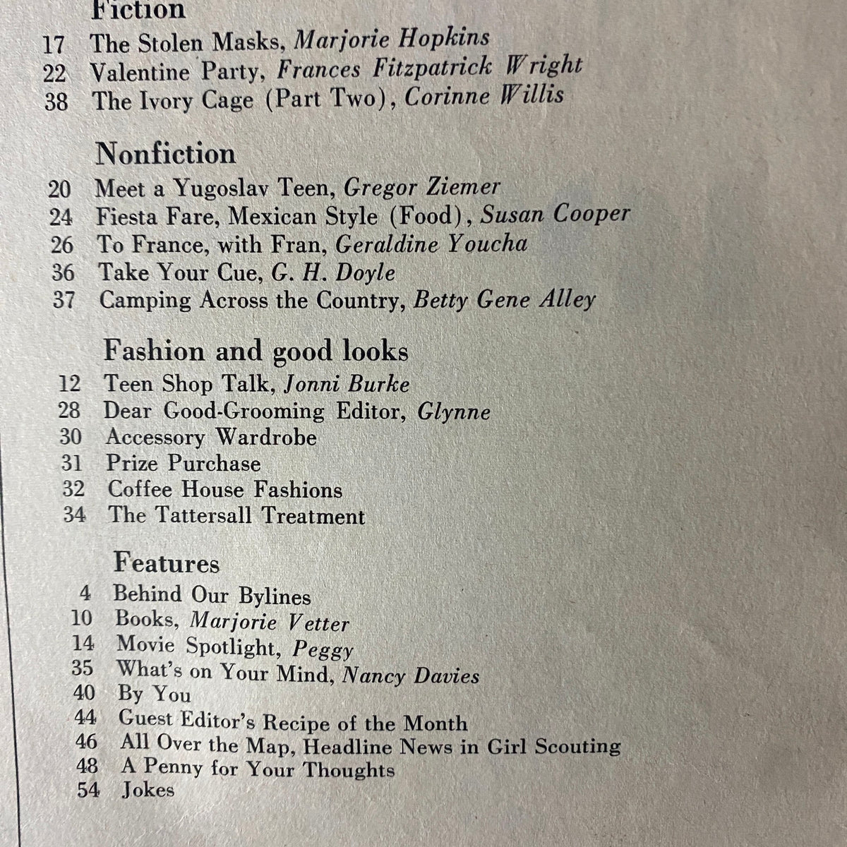 Table of contents from American Girl Magazine February 1966 highlighting various articles including Coffee House Fashions, fiction, and nonfiction sections.