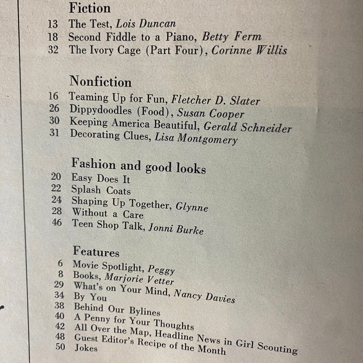 Table of contents from American Girl Magazine April 1966, listing engaging fiction and nonfiction articles, fashion tips, and features.
