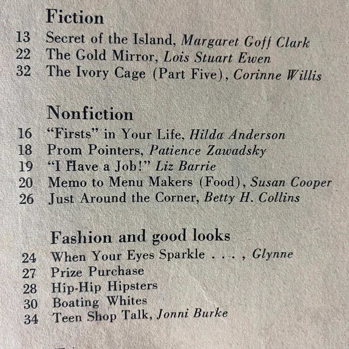 Table of contents from American Girl Magazine May 1966, listing articles and stories such as 'Firsts' in Your Life by Hilda Anderson, highlighting fiction and nonfiction pieces relevant to young girls of the era.
