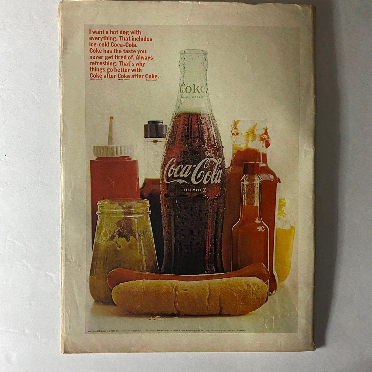 American Girl Magazine May 1966 cover featuring a vintage Coca-Cola advertisement with a hot dog and condiments, showcasing nostalgic culinary culture.