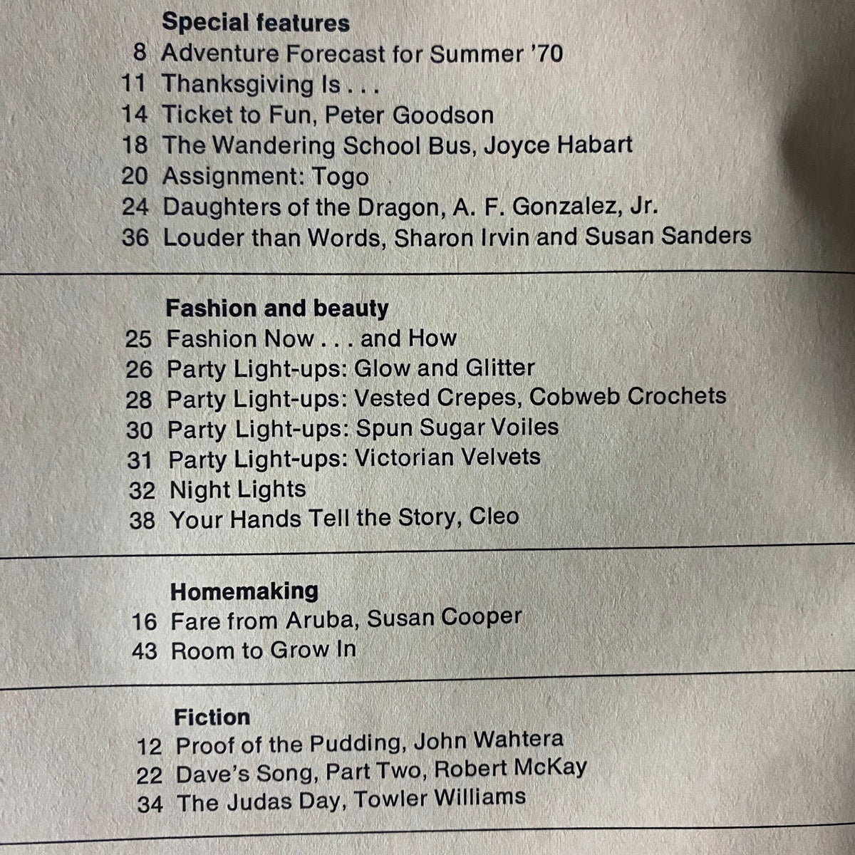 Interior page of American Girl Magazine November 1969 featuring the table of contents, including special features and fashion articles, emphasizing the magazine's focus on travel and culture.
