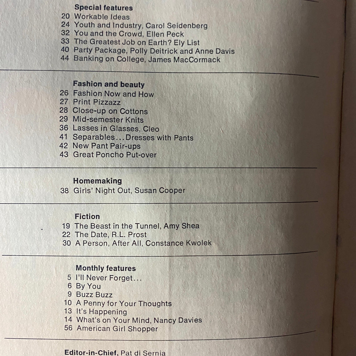 Table of contents from American Girl Magazine April 1970 featuring articles on fashion, beauty, homemaking, and fiction relevant to young girls of the era.