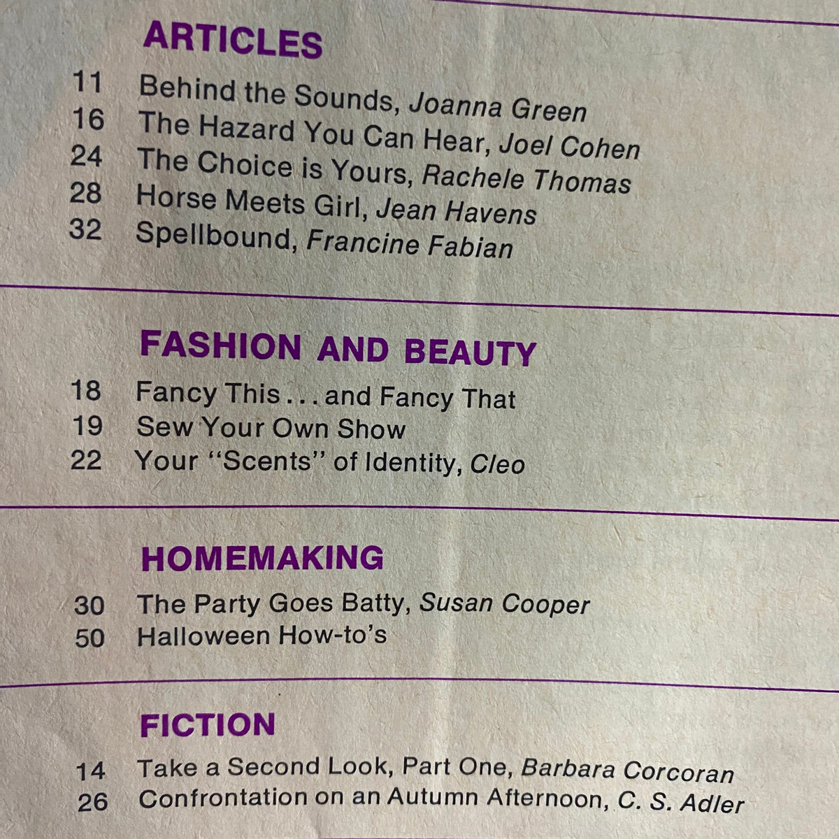 Table of contents from American Girl Magazine October 1970, listing articles including 'Behind the Sounds', 'The Hazard You Can Hear', and 'Horse Meets Girl', reflecting the interests of girls during that era.