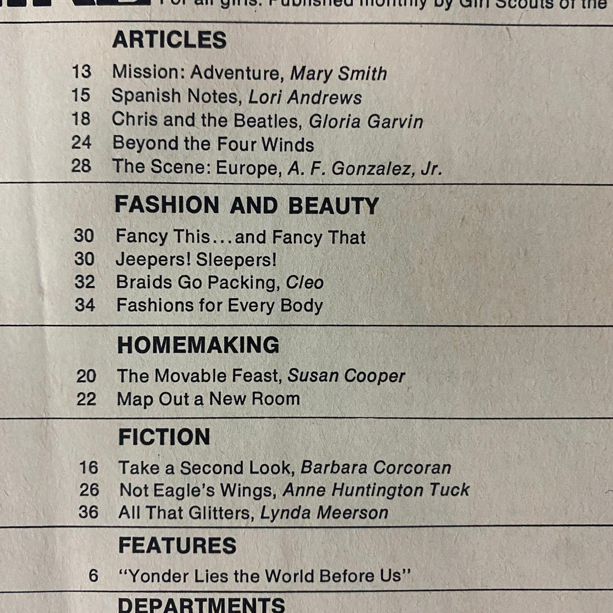 Contents page of the American Girl Magazine November 1970, showcasing articles and sections including 'Mission: Adventure', 'Fashion and Beauty', and 'The Movable Feast'.