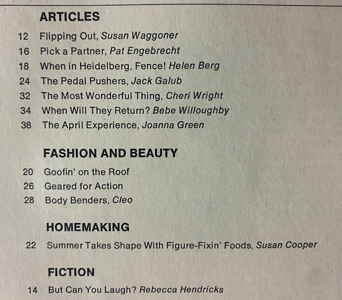 Table of contents page from American Girl Magazine May 1971 Sports & Shape-Up Special, listing articles about sports, health, fashion, and beauty.