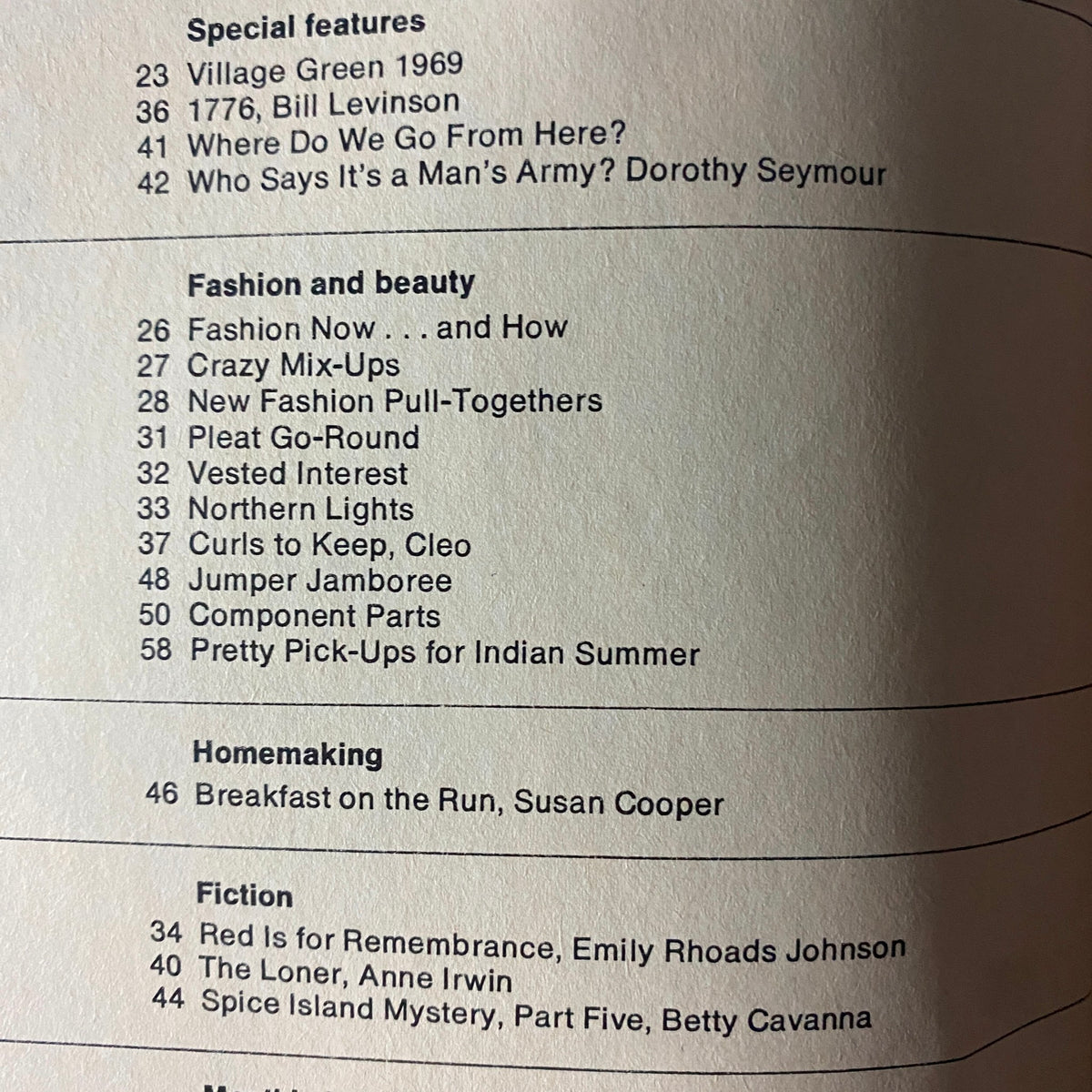 Table of contents page from American Girl Magazine August 1969, listing special features and articles including 'Where Do We Go From Here?' and fashion topics.