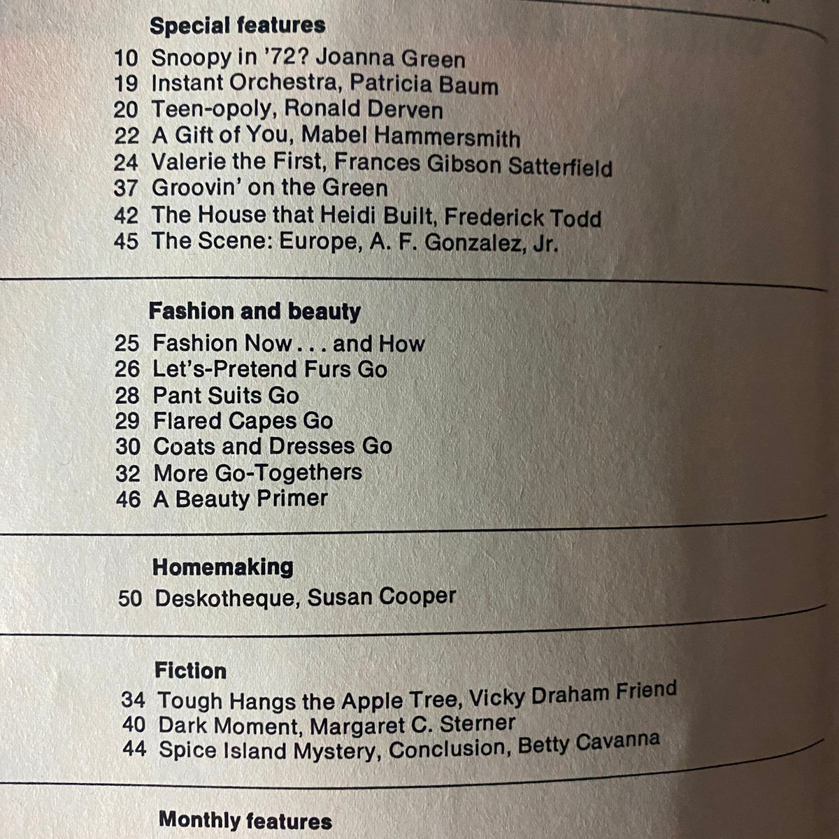 Table of contents from American Girl Magazine September 1969, highlighting special features, fashion, beauty articles, and fiction pieces that reflect the era's cultural trends.