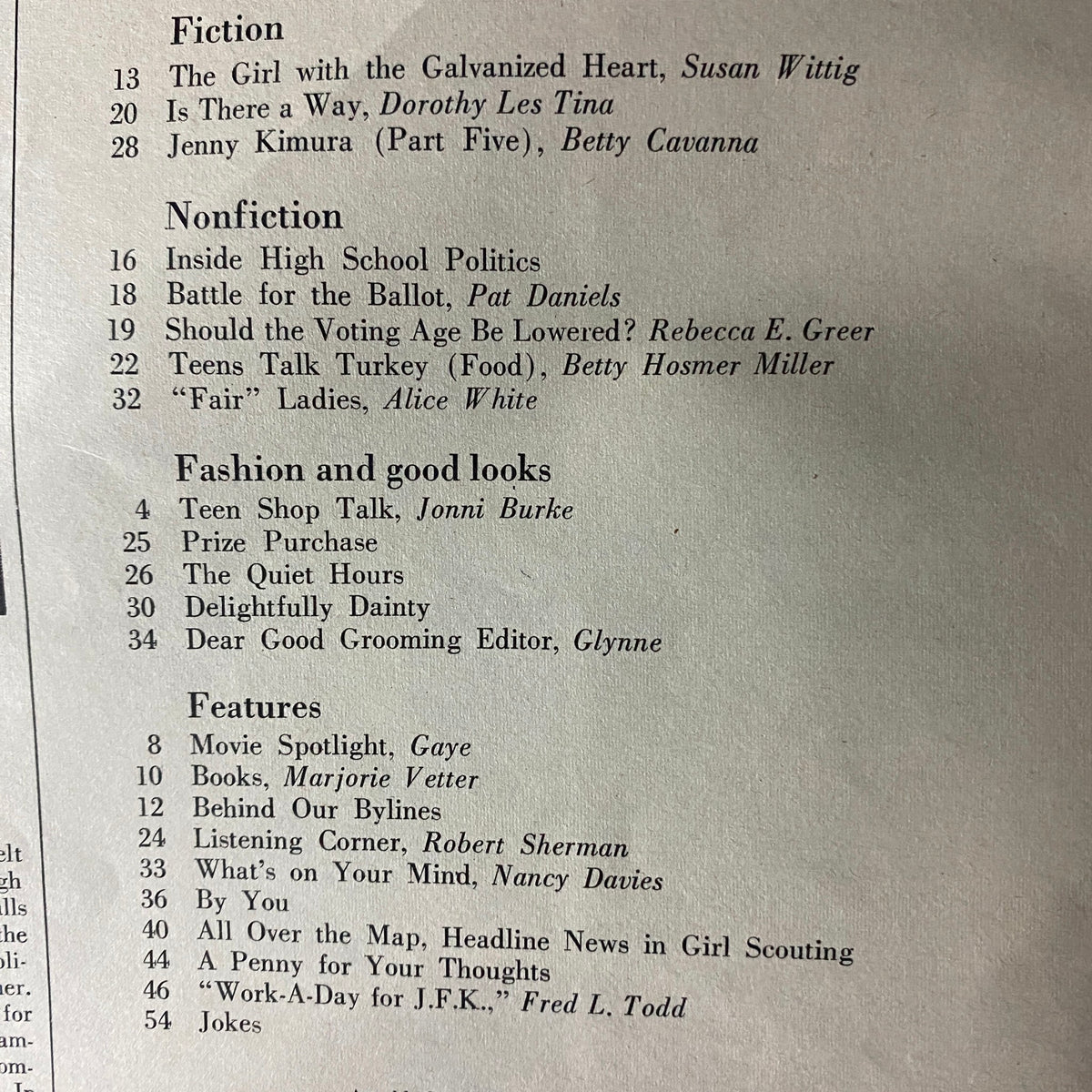 Table of contents from American Girl Magazine November 1964, listing featured fiction and nonfiction articles including 'Teens Talk Turkey' and various fashion sections.