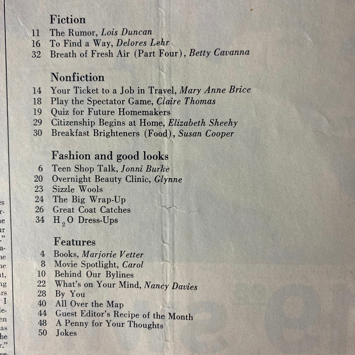 Table of contents from the October 1966 issue of American Girl Magazine detailing articles on fiction, nonfiction, fashion, and features geared towards young women.