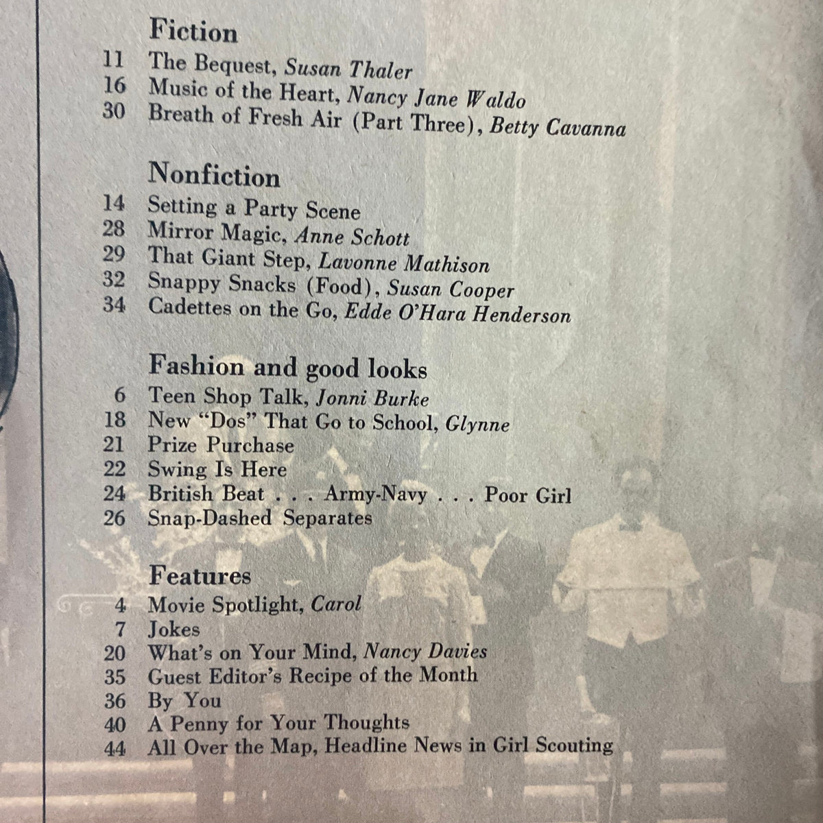 Table of contents from American Girl Magazine September 1966, detailing features and articles including fiction, nonfiction, fashion tips, and more.