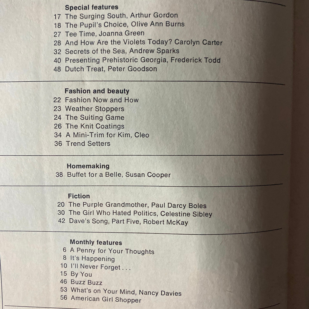 Table of contents from the February 1970 issue of American Girl Magazine, featuring articles such as 'The Surging South' by Arthur Gordon and 'The Pupil’s Choice' by Olive Ann Burns.