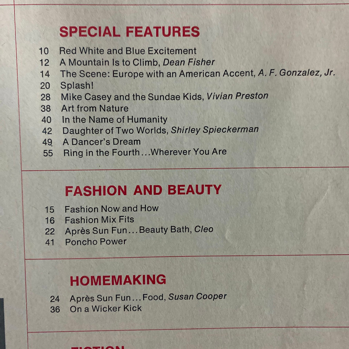 Table of contents from American Girl Magazine July 1970, listing special features, fashion, and beauty articles with titles such as 'Red White and Blue Excitement' and 'Fashion Now and How'.