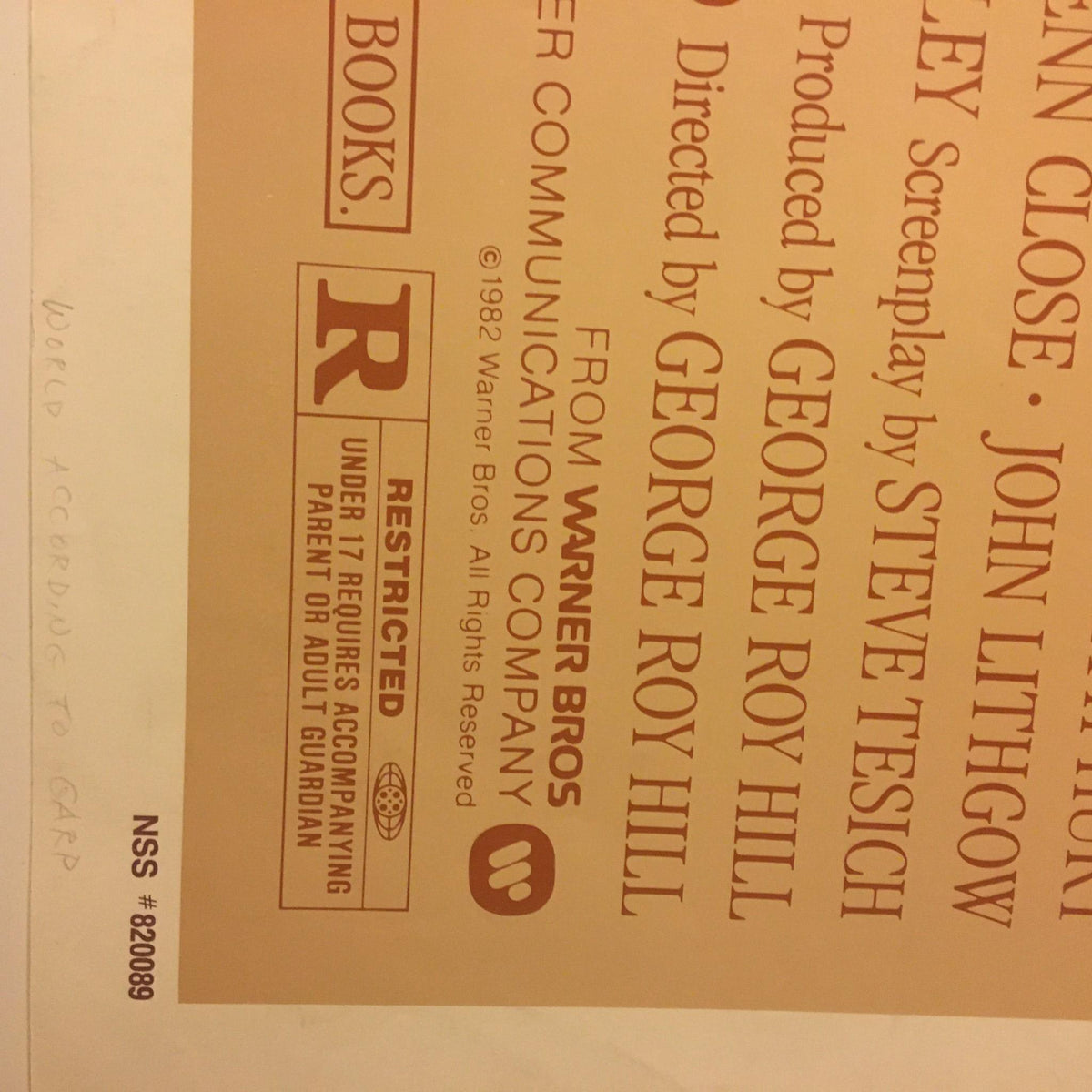 Bottom section of the 1982 The World According to Garp movie poster, detailing production credits and important information about the film's release.