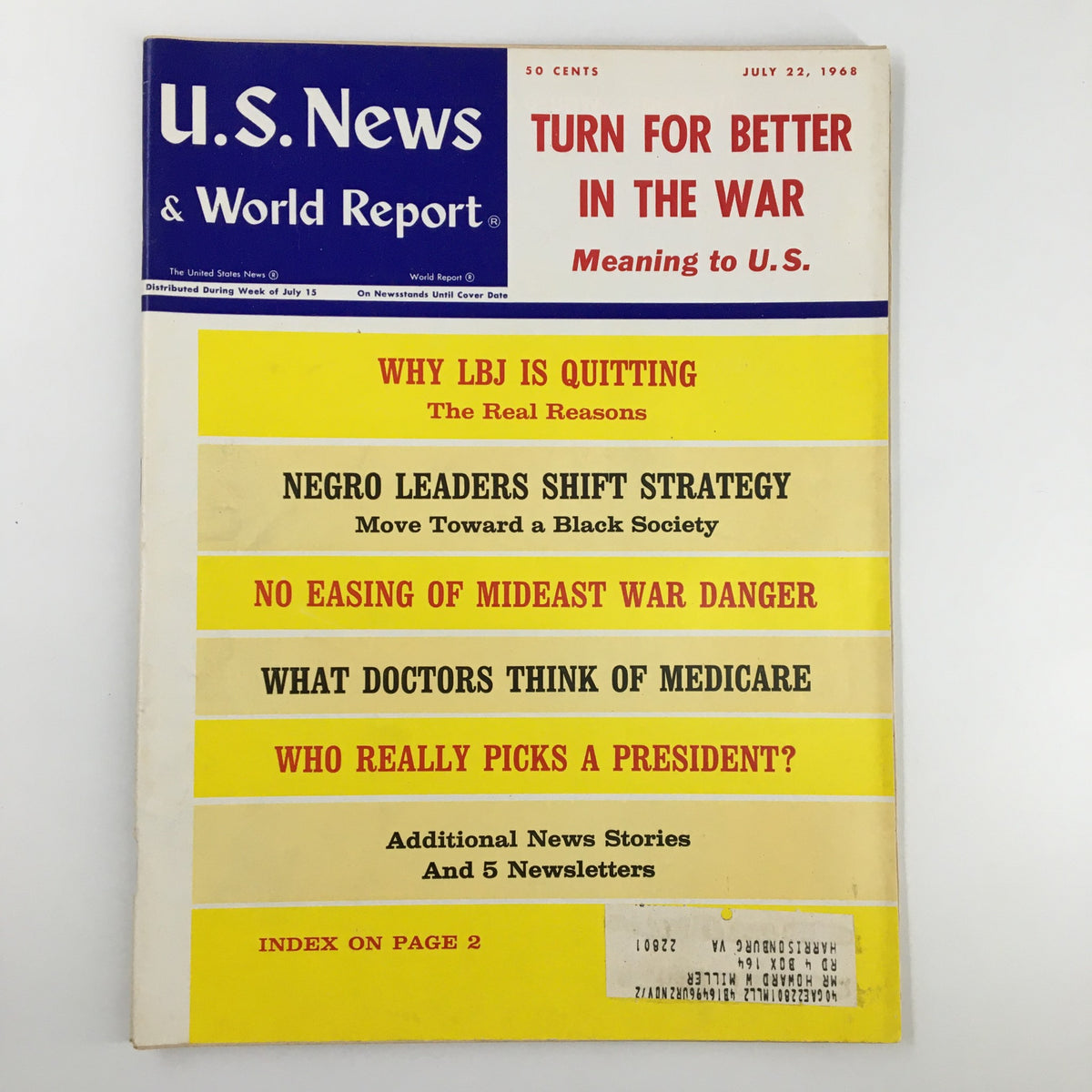 US News & World Report Magazine July 22, 1968 cover featuring the headline 'Turn For Better in the War', with articles including 'Why LBJ Is Quitting' and 'Negro Leaders Shift Strategy'. The vintage publication showcases significant events during the Vietnam War era.