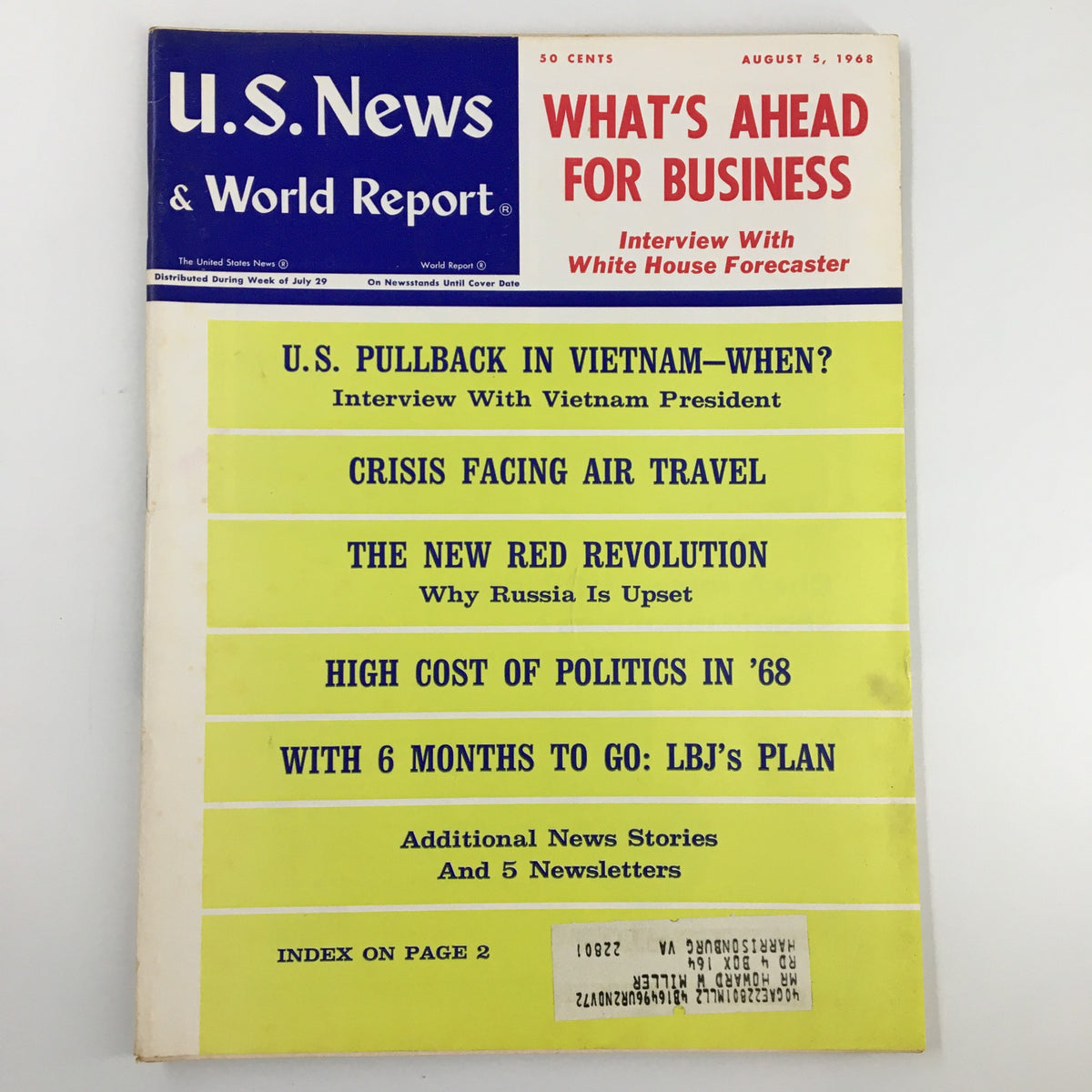 US News & World Report Magazine August 5 1968 cover featuring a bold yellow design and headlines including 'What's Ahead for Business', 'U.S. Pullback in Vietnam', and 'Crisis Facing Air Travel'. This vintage magazine reflects the economic climate of the late 1960s.