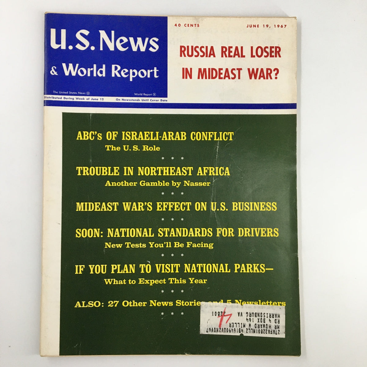Cover of US News & World Report Magazine dated June 19, 1967, featuring the headline 'Russia: Real Loser in Mideast War?' and discussing the Israeli-Arab conflict, U.S. business impacts, and national park visits.