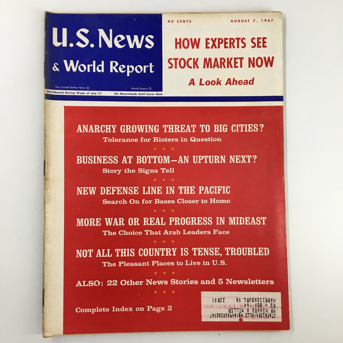 Cover of US News & World Report Magazine August 7, 1967, featuring the title 'How Experts See Stock Market Now' along with headlines discussing the stock market, business trends, and social issues of the era.