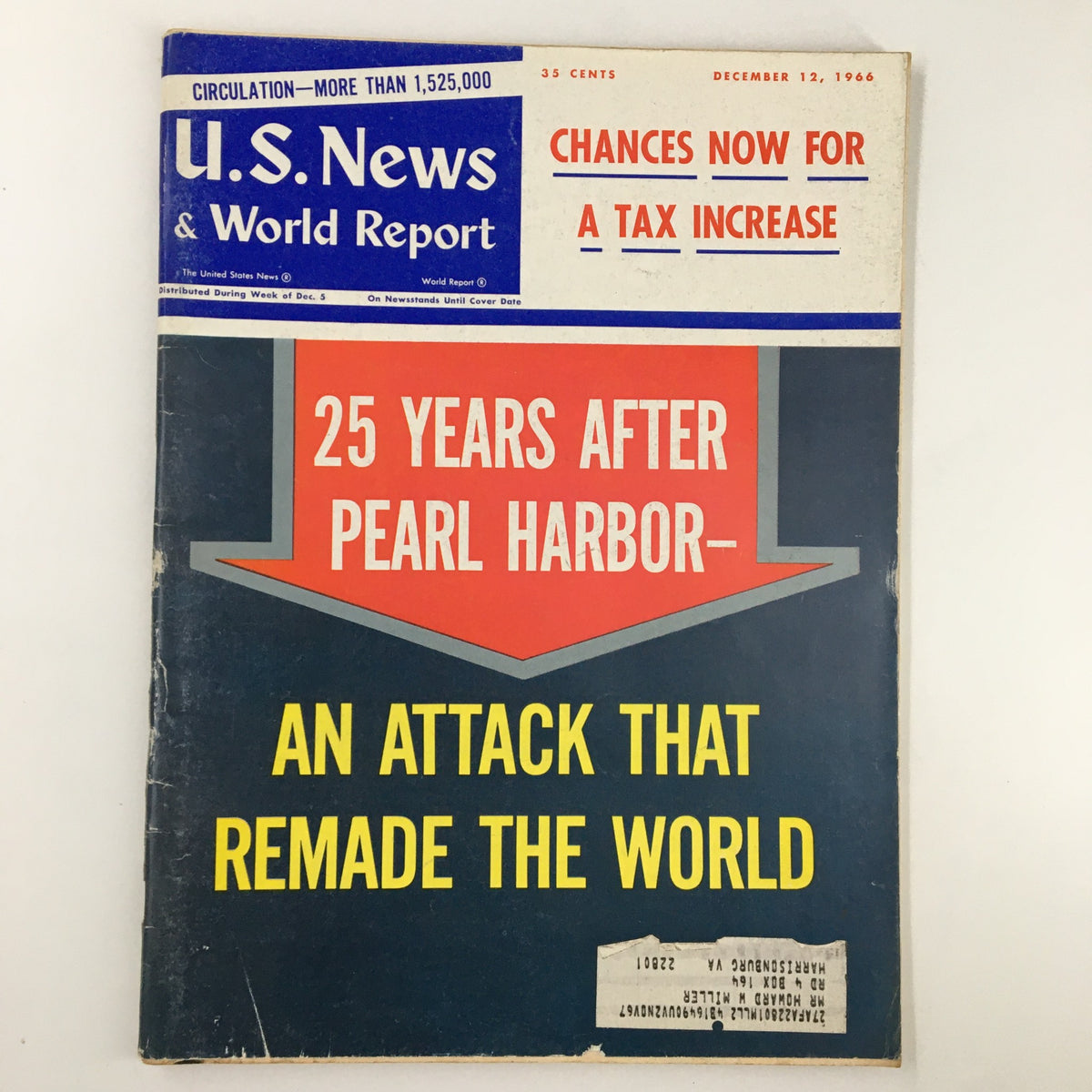 Cover of US News & World Report Magazine December 12 1966 featuring headlines about a potential tax increase and a retrospective on Pearl Harbor's impact 25 years later.