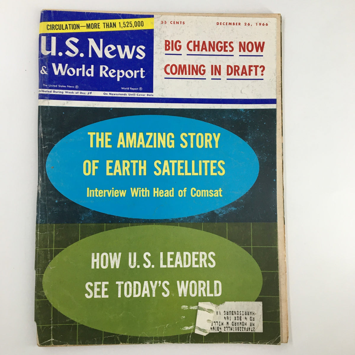 Cover of US News & World Report Magazine, December 26, 1966, featuring the title 'The Amazing Story of Earth Satellites' and an interview with the Head of Comsat.