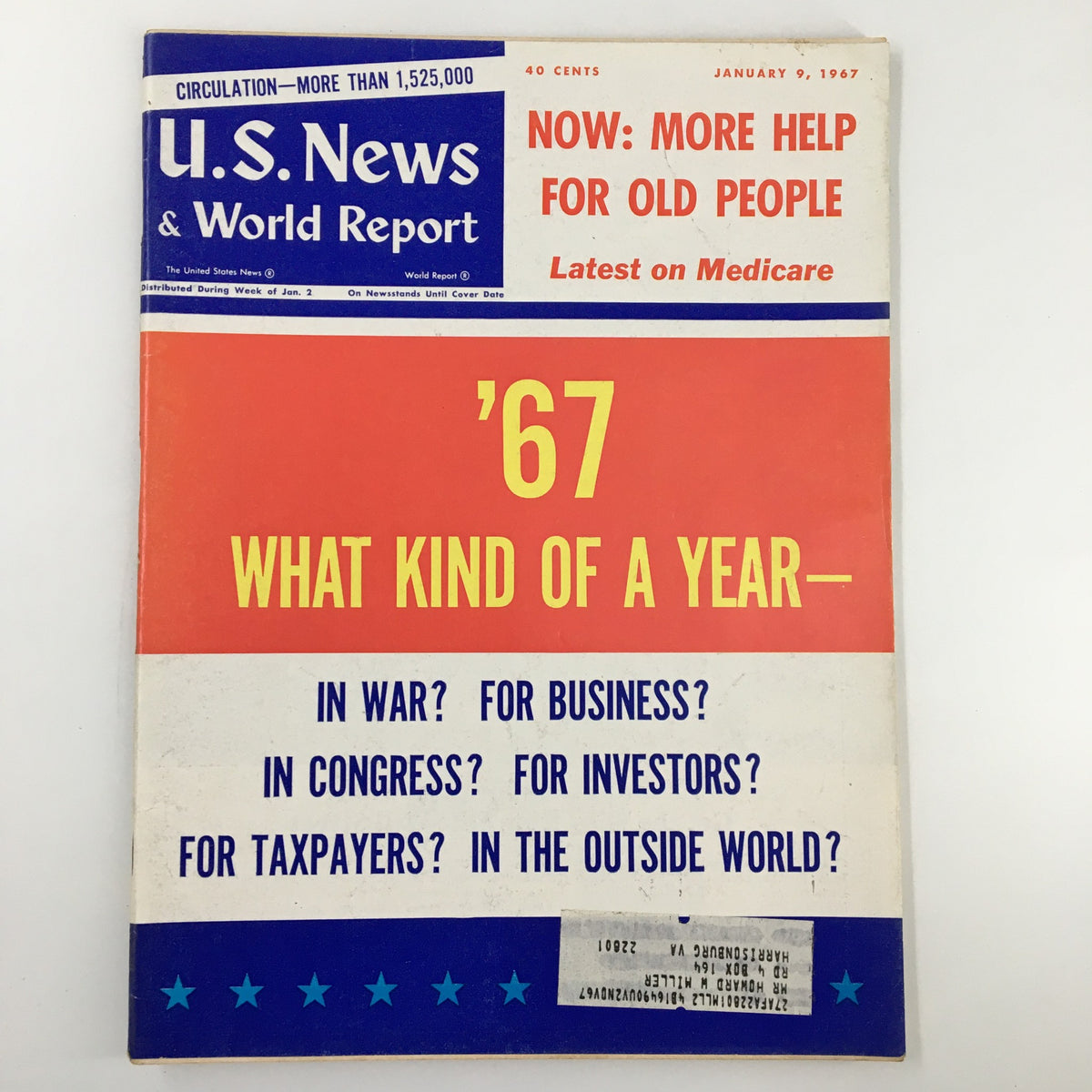 Cover of US News & World Report Magazine January 9 1967, featuring the headline 'Now More Help For Old People'. The magazine highlights social issues and support systems for the elderly in the 1960s, with bold colors and vintage design.