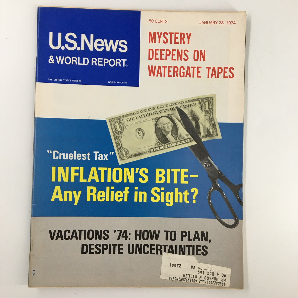 US News & World Report magazine cover from January 28, 1974, featuring the headline 'Mystery Deepens on Watergate Tapes' with a graphic showing scissors cutting a dollar bill, discussing inflation and vacation planning.