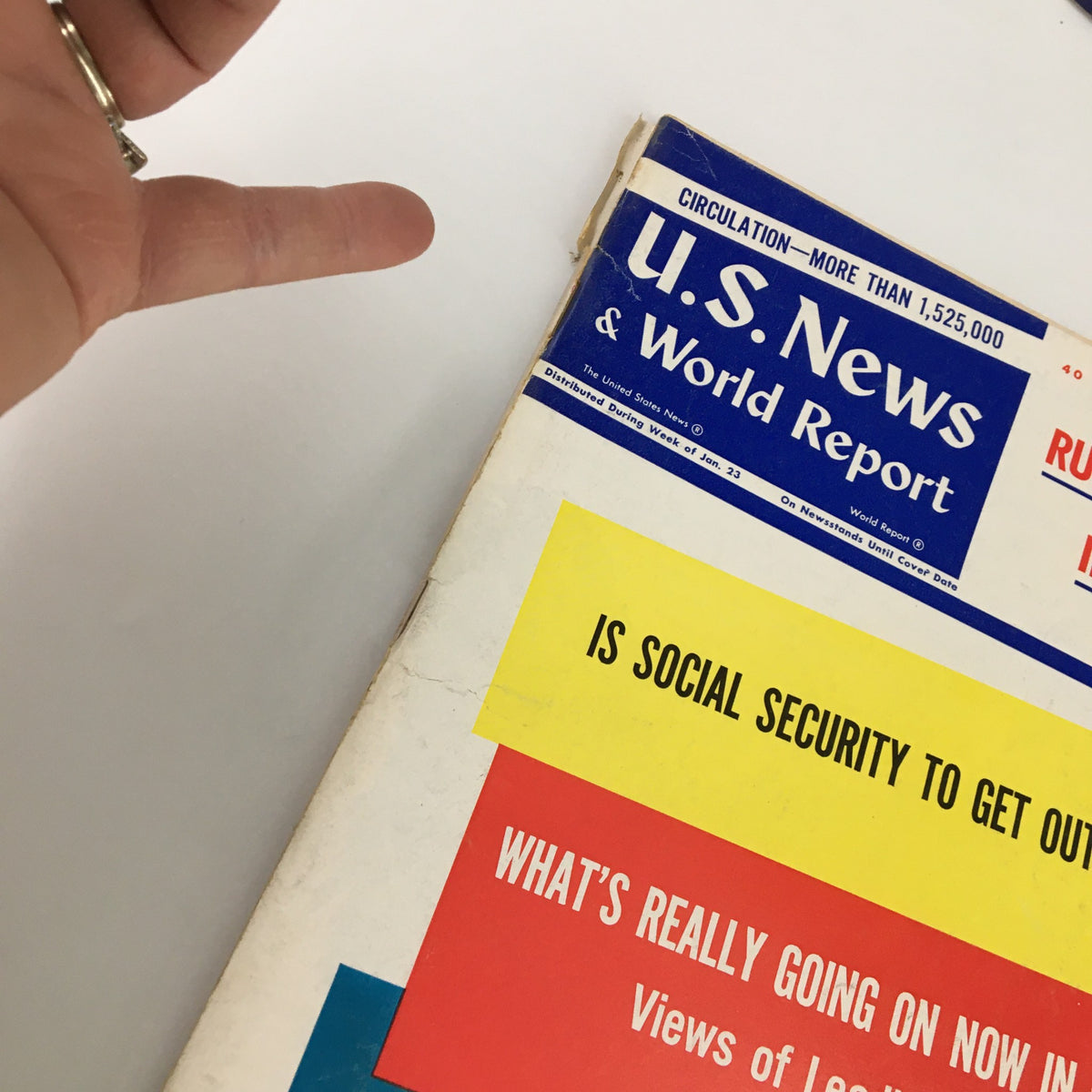 Close-up view of the US News & World Report Magazine cover dated January 30, 1967, highlighting the headline 'Russia: The Enemy in Vietnam?' with colorful text boxes discussing social security and current events.