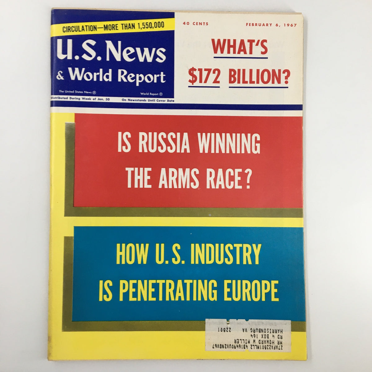 Cover of US News & World Report Magazine dated February 6, 1967, featuring the headline 'Is Russia Winning The Arms Race?' along with additional topics on U.S. industry and finances.