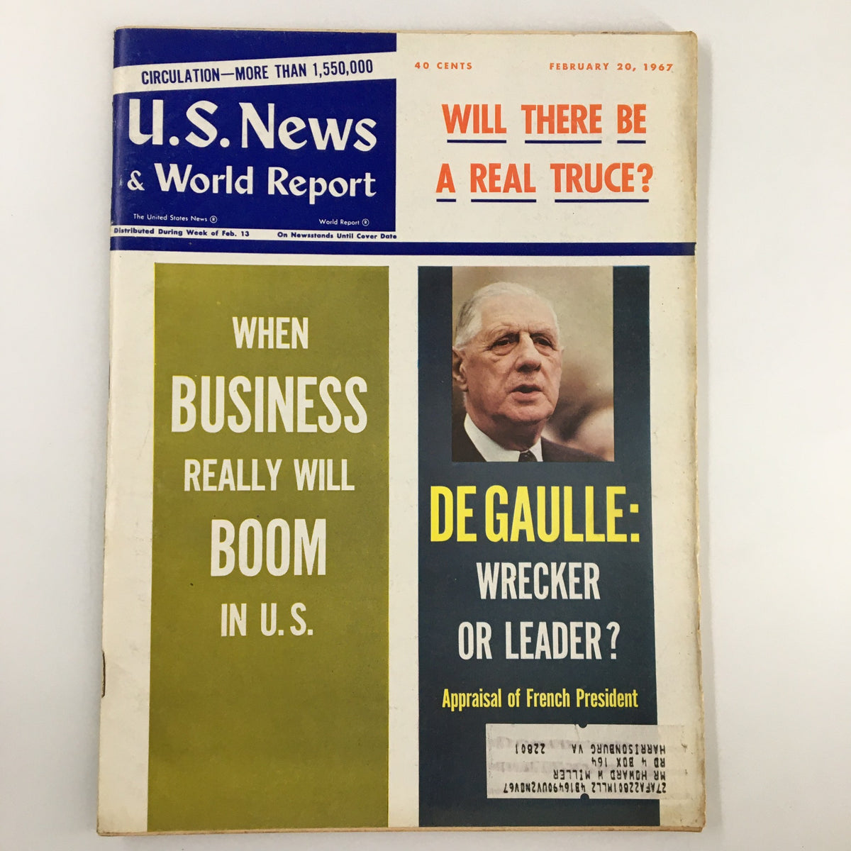 Cover of US News & World Report Magazine February 20 1967 featuring President Charles De Gaulle, with headlines discussing U.S. business and a truce.