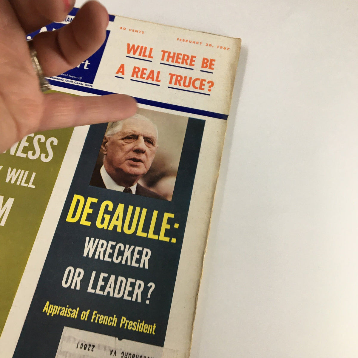 Close-up of the US News & World Report Magazine February 20 1967 cover showcasing President Charles De Gaulle, with headlines asking if he is a wrecker or leader.