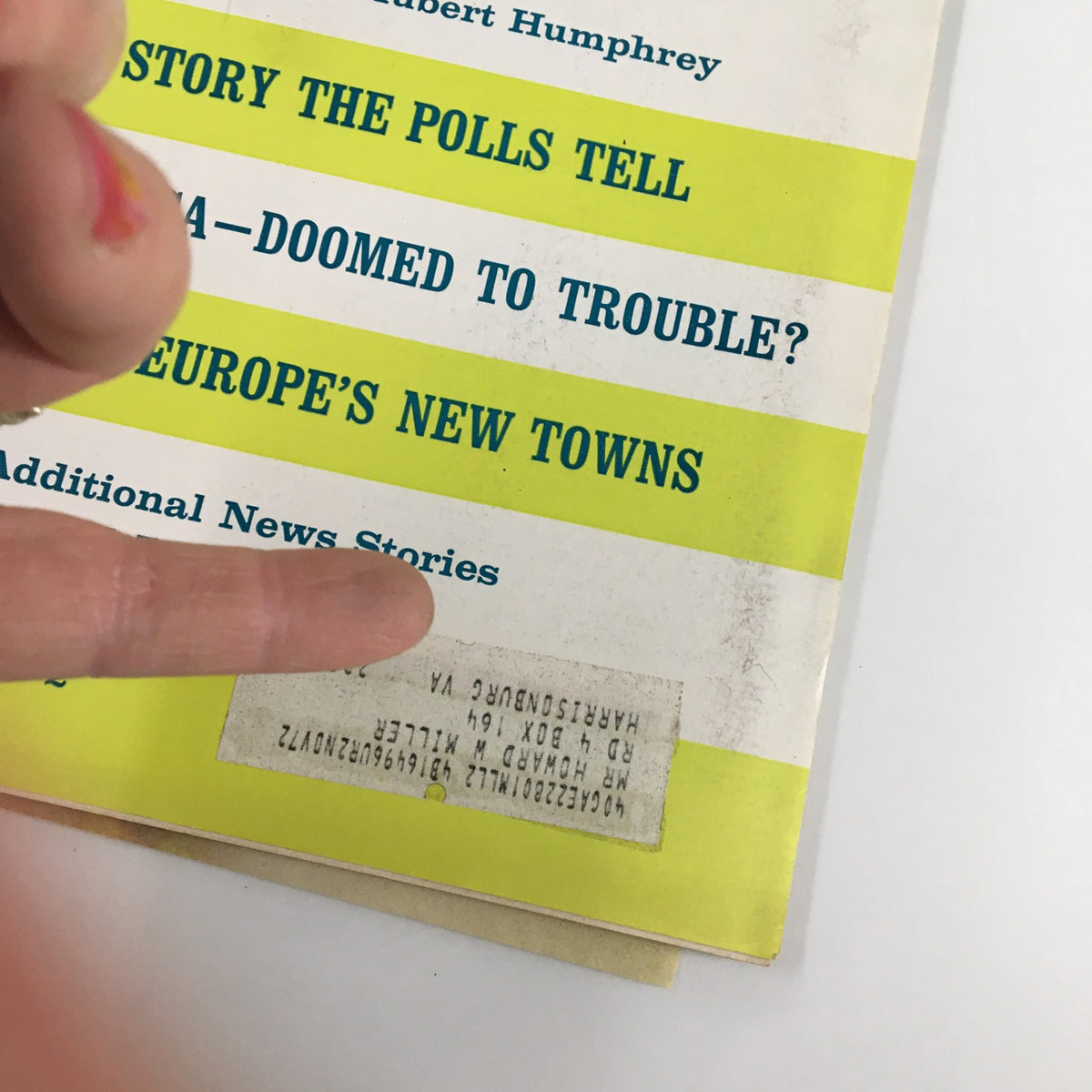 Close-up view of the cover of US News & World Report Magazine October 21, 1968, highlighting various article titles and a label on the bottom.