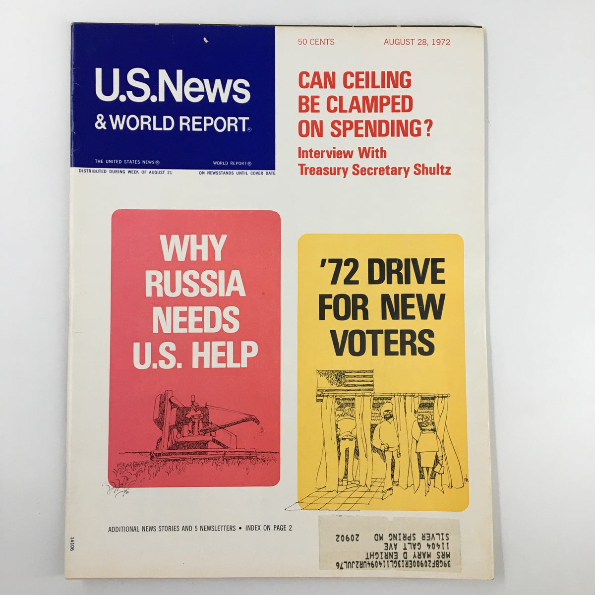 Cover of US News & World Report Magazine from August 28, 1972 featuring headline 'Why Russia Needs U.S. Help' and additional articles on government spending and voter engagement.