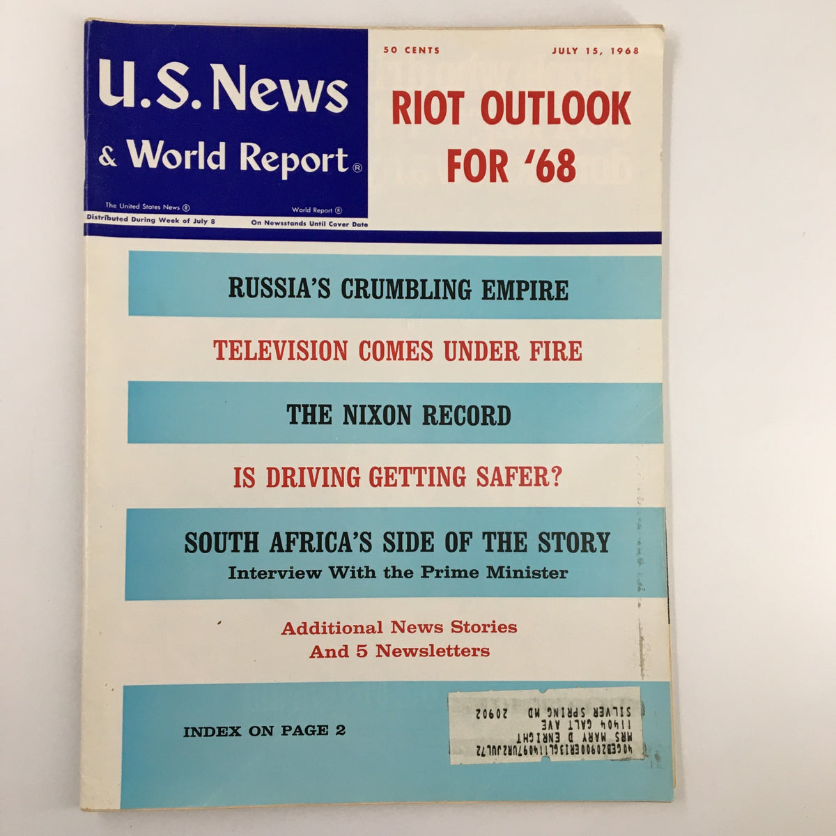 Cover of US News & World Report Magazine from July 15, 1968, featuring the title 'Television Comes Under Fire' and headlines on various topics including 'Riot Outlook for '68', 'Russia's Crumbling Empire', and 'Interview With the Prime Minister'.