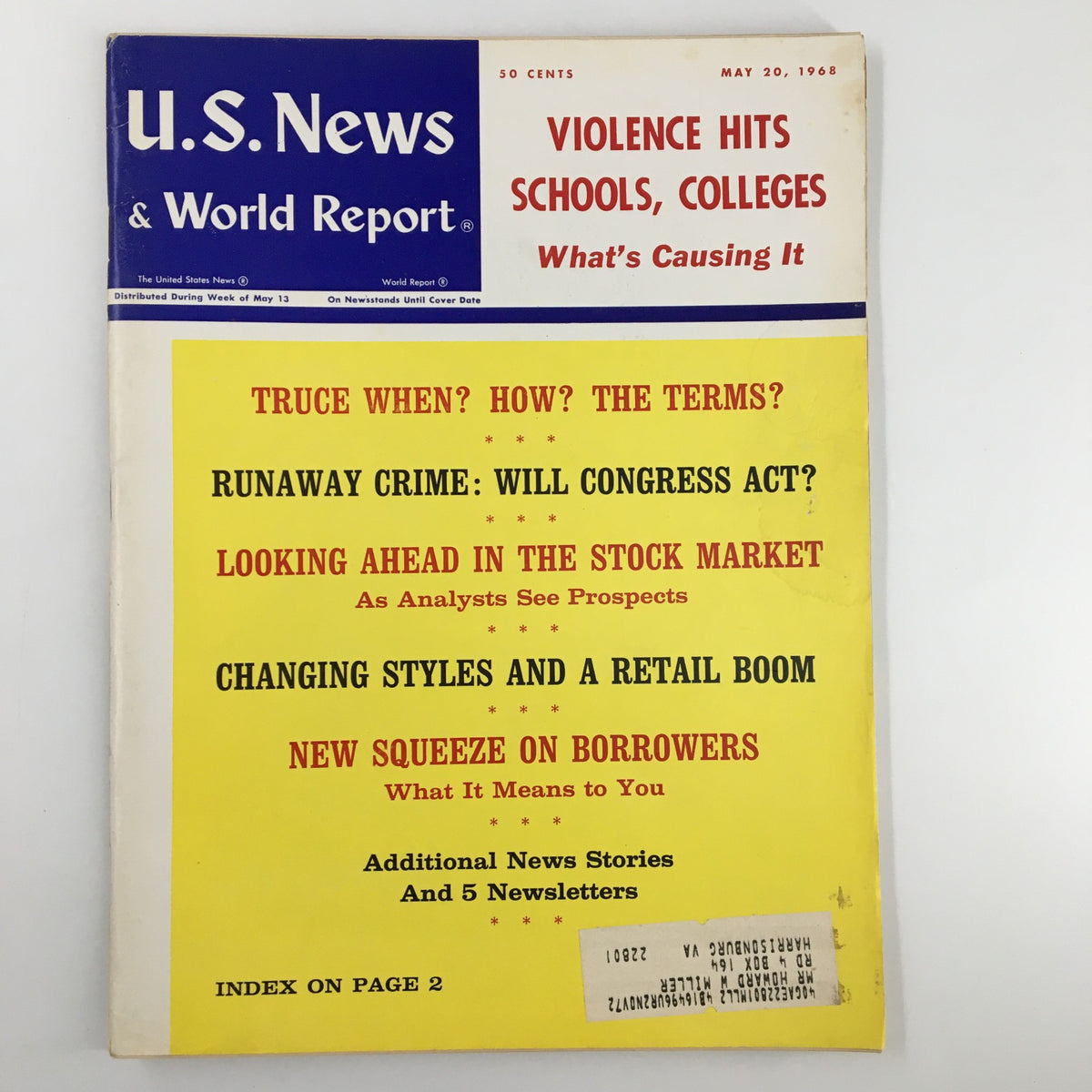 Cover of US News & World Report Magazine May 20 1968 featuring the headline 'Violence Hits Schools, Colleges' and sub-topics like 'Truce When? How? The Terms?' and 'Runaway Crime: Will Congress Act?'. This vintage magazine captures important historical events and societal issues of the 1960s.